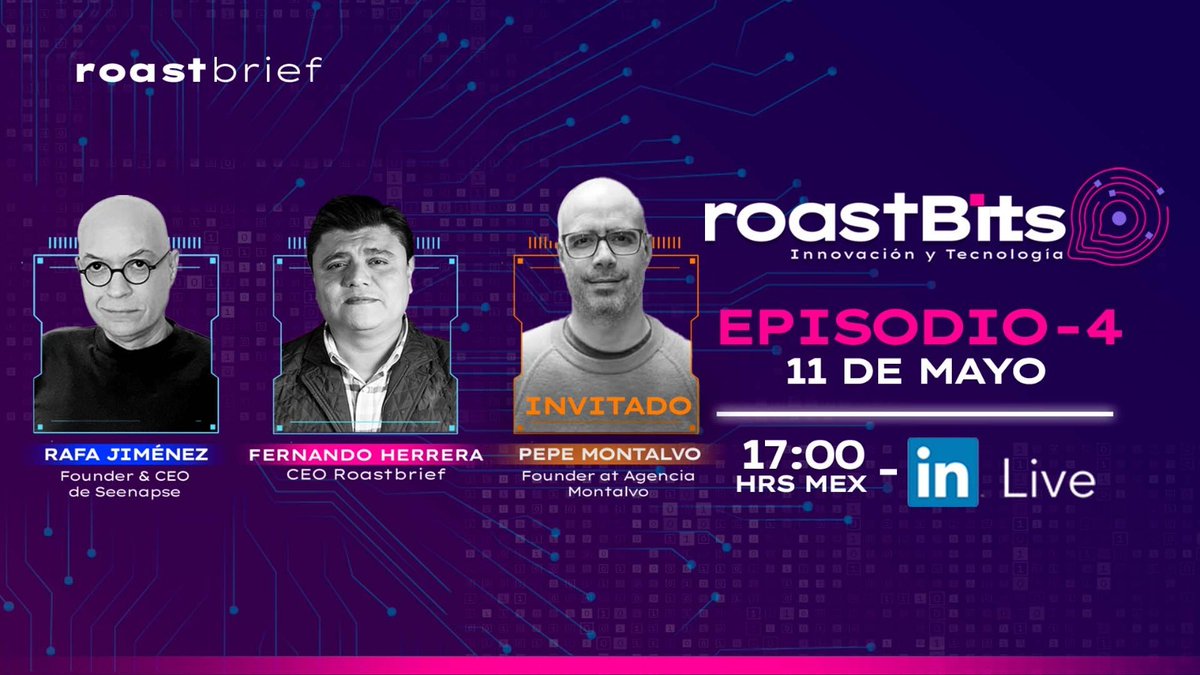 roastbrief's tweet photo. No te pierdas el 4to episodio de #RoastBits, donde Fernando Herrera y Rafa Jiménez explorarán la intersección de la #innovación, #tecnología, #marketing y #publicidad. Pepe Montalvo invitado especial
En vivo, este 11 de mayo a las 17:00 hrs. 👉 https://t.co/s1Hv8c7qgD https://t.co/e4K1WhArrA