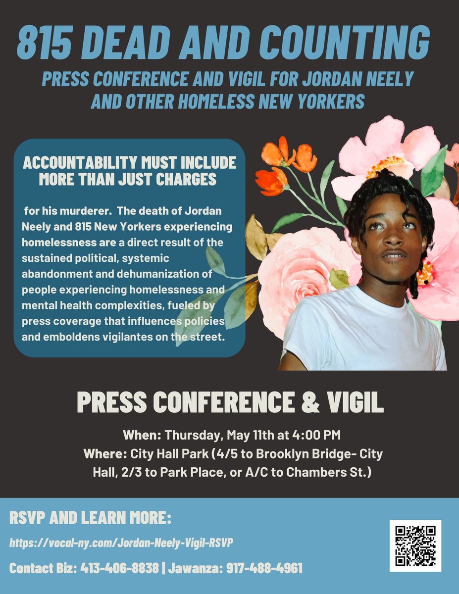 homeless_law's tweet photo. DIRECT ACTION IN NYC‼️ @VOCALNewYork 

815 Dead and Counting: Press Conference &amp; Vigil for Jordan Neely and Other Homeless NYers Killed by the System

Thursday, May 11, 2023 at 4-5PM

City Hall Park: Broadway &amp; Chambers St, New York, NY 10007 

#JusticeforJordan #815andCounting https://t.co/A98BSkRkGv