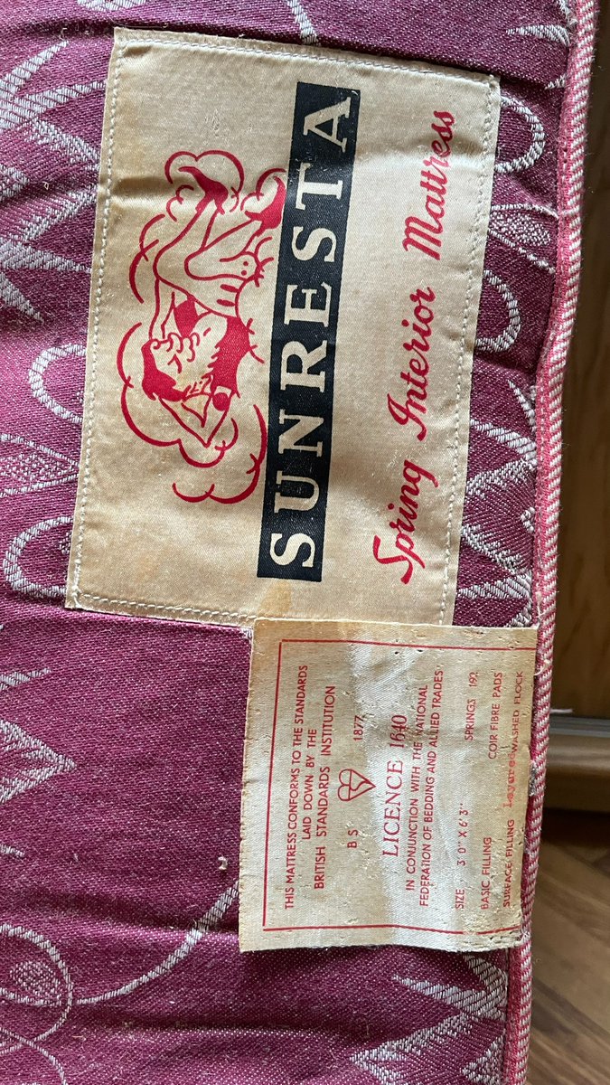 davidparrhouse's tweet image. The item that really brought a smile to our faces was the handsome elf perched atop a cloud on the Sunresta Spring Interior Mattress label.

Stay tuned for more updates on the house&apos;s preservation. 4/4

#NorfolkCollectionsCentre #textileconservation #historicaltextiles