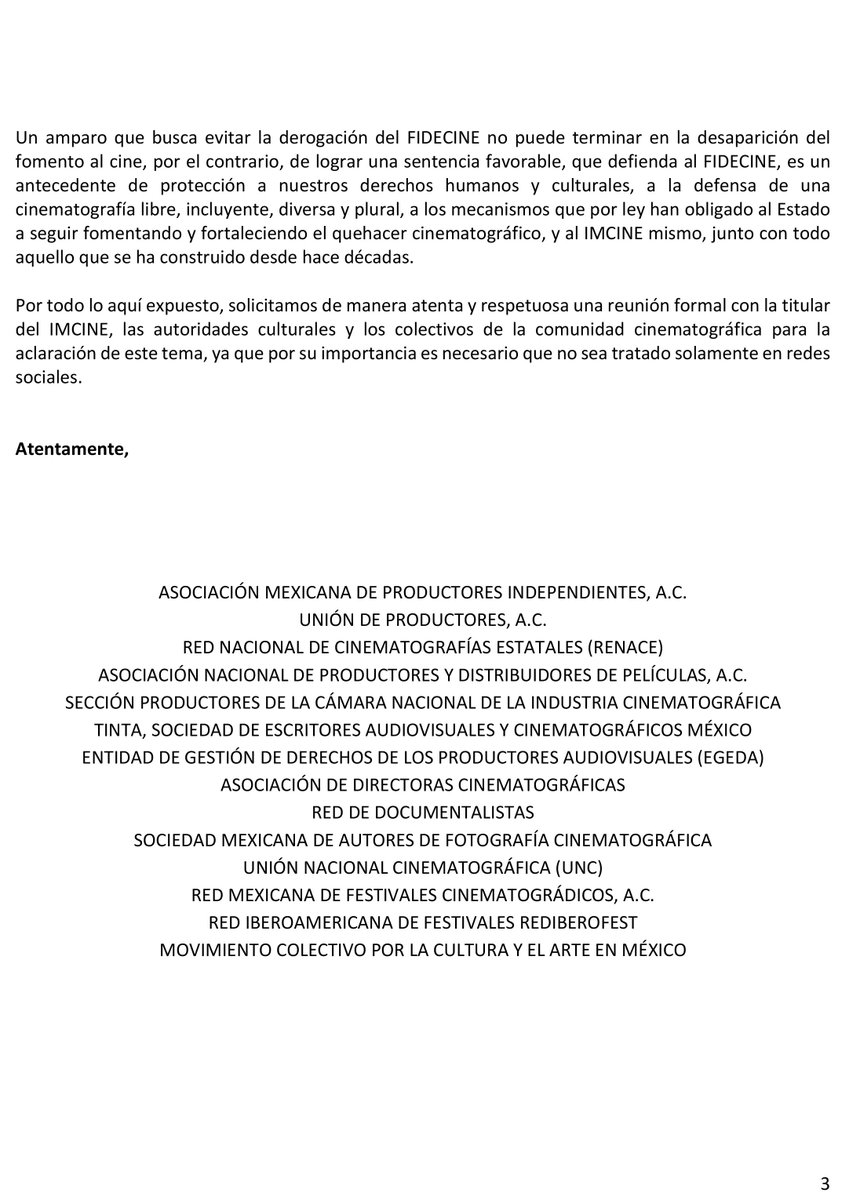POSICIONAMIENTO ASOCIACIONES FIDECINE
CARTA ABIERTA A LA COMUNIDAD CINEMATOGRÁFICA
Ambos pueden coexistir Hace falta voluntad política que defina sus reglas de operación
<a href="/EFICINE/">EFICINE</a> <a href="/cultura_mx/">Secretaría de Cultura</a> <a href="/Anpact/">ANPACT, A.C.</a> <a href="/RENACECine/">RENACE</a> <a href="/egedamx/">EGEDAMX-LicenciamientoAudiovisual</a> <a href="/acciondirectorx/">ACCIÓN Asociación Directoras y Directores de Cine</a> <a href="/RedDocumentali1/">RedDocumentalistasMX</a> @Cinefotografo <a href="/RedMexFest/">RedMexFest</a>