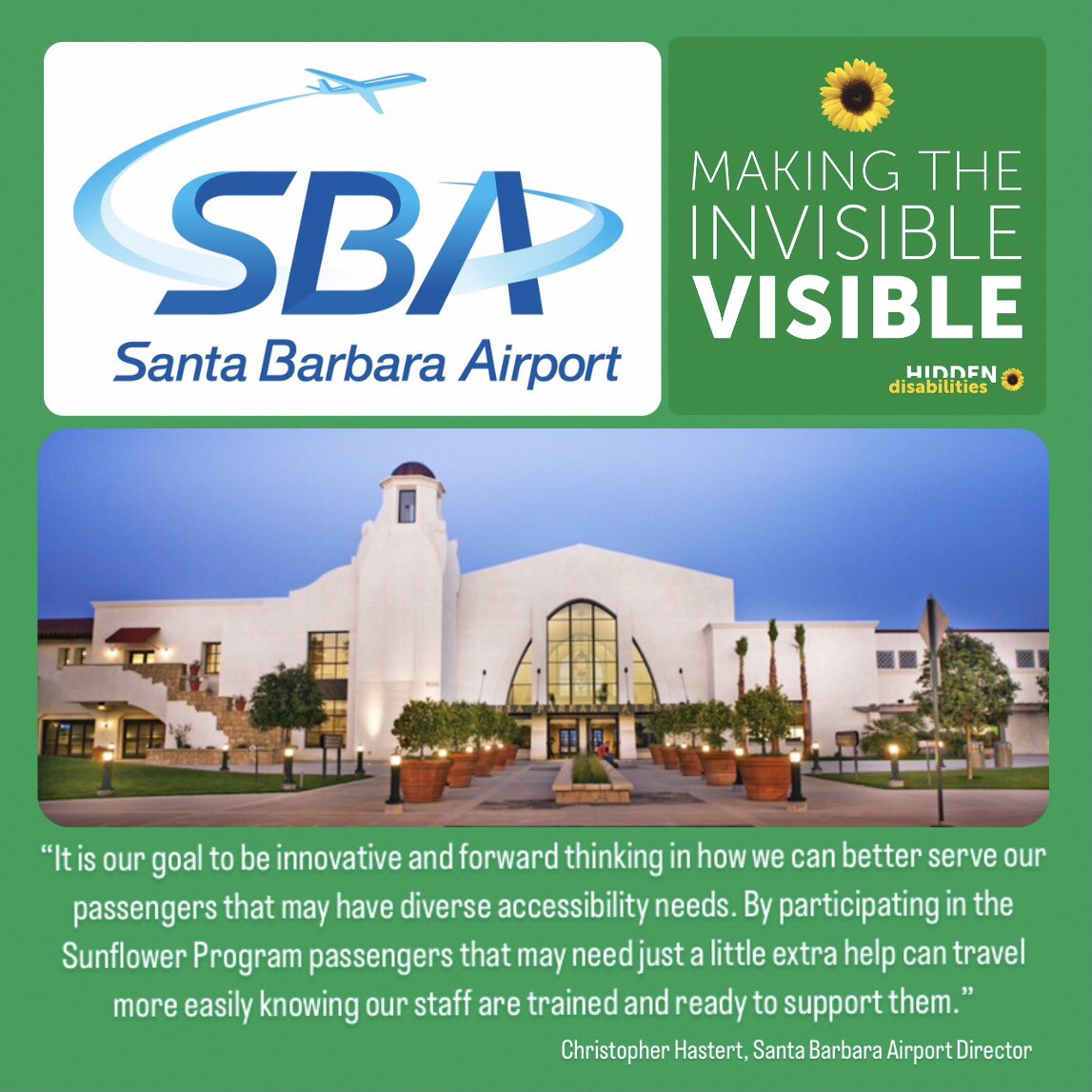 HDSunflower_US's tweet photo. Welcome @SBAirport, our newest USA airport to the Hidden Disabilities Sunflower program! We are thrilled to have you onboard! 😃🌻✈️🇺🇸
#SunflowerLanyard #SantaBarbaraAirport #SantaBarbara #FlySBA #BeSeenWithSunflower #AccessibleTravel https://t.co/udWEpS4VHU