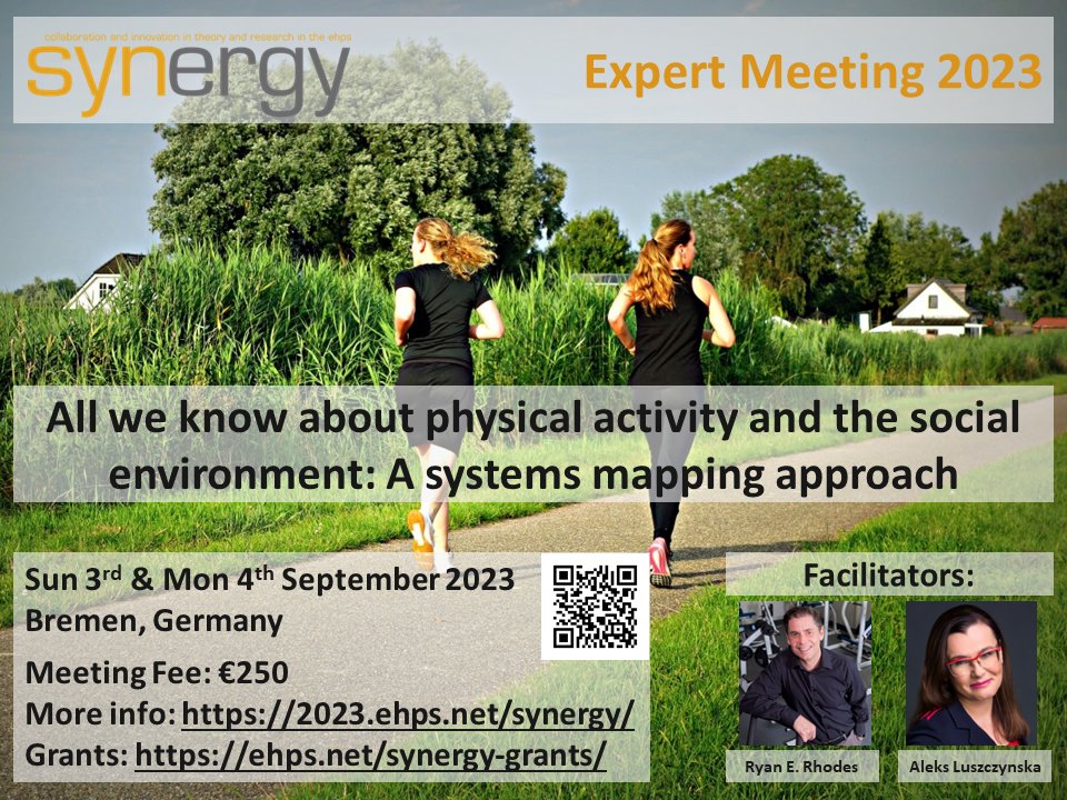 ehps_synergy's tweet photo. The 2023 Synergy Expert meeting has been announced!
🥁'All we know about #PhysicalActivity & the social environment: A systems mapping approach,' facilitated by Ryan Rhodes & Aleks Łuszczyńska🥁
To apply visit https://t.co/C9EJd5NiHP
⚠️Deadline Fri 2nd June 2023! https://t.co/C6Oj8963TG