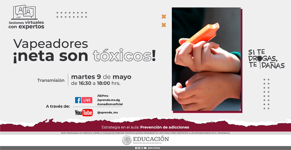 ¿Son inofensivos? 🚭🤔

Infórmate sobre los daños que provocan el #tabaco y los #vapeadores en la sesión virtual de la <a href="/SEP_mx/">SEP México</a> en conjunto con @CONADICmx y <a href="/aprende_mx/">@prende.mx</a>

Obtén información que te ayude a orientar a otros y otras. 

👉 bit.ly/Vapeadores-Ses…