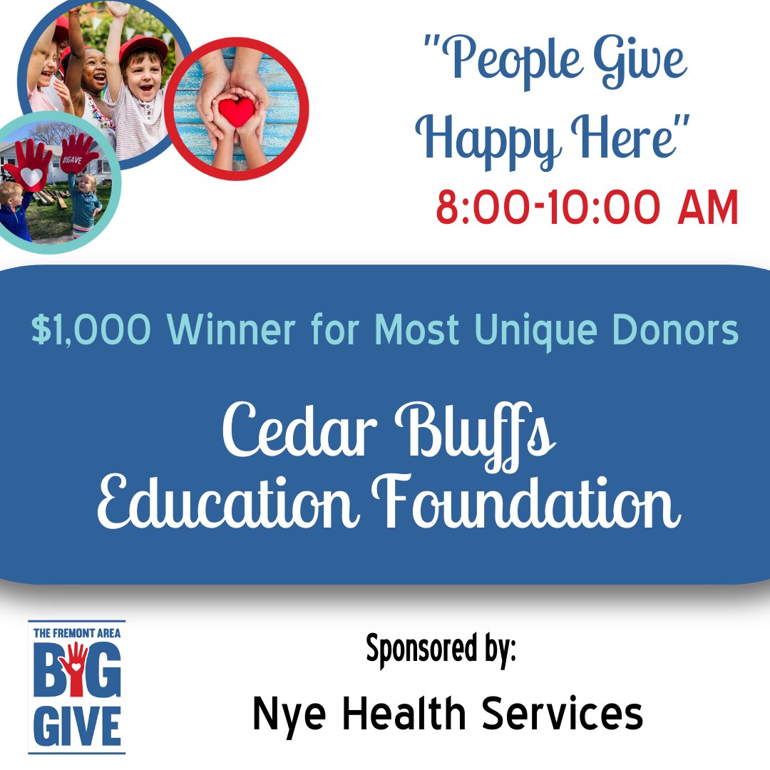 facfoundation's tweet photo. Our friends at Nye Health Services are focused on boosting nonprofit success during the Big Give! The organization with the Most Unique Donors from 8 - 10 AM will receive a $1,000 bonus. Congrats, Cedar Bluffs Public School Foundation! #FremontAreaBigGive https://t.co/ARmb924QfB