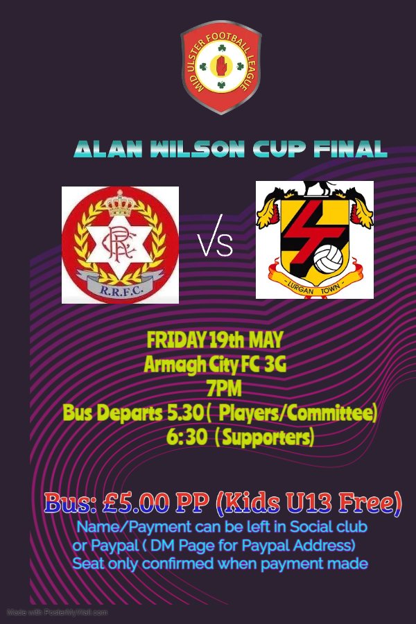 Alan Wilson Cup Final information!!!
Names/Payments for bus can be made via PayPal (DM for address) or left into the club Friday-Sunday.