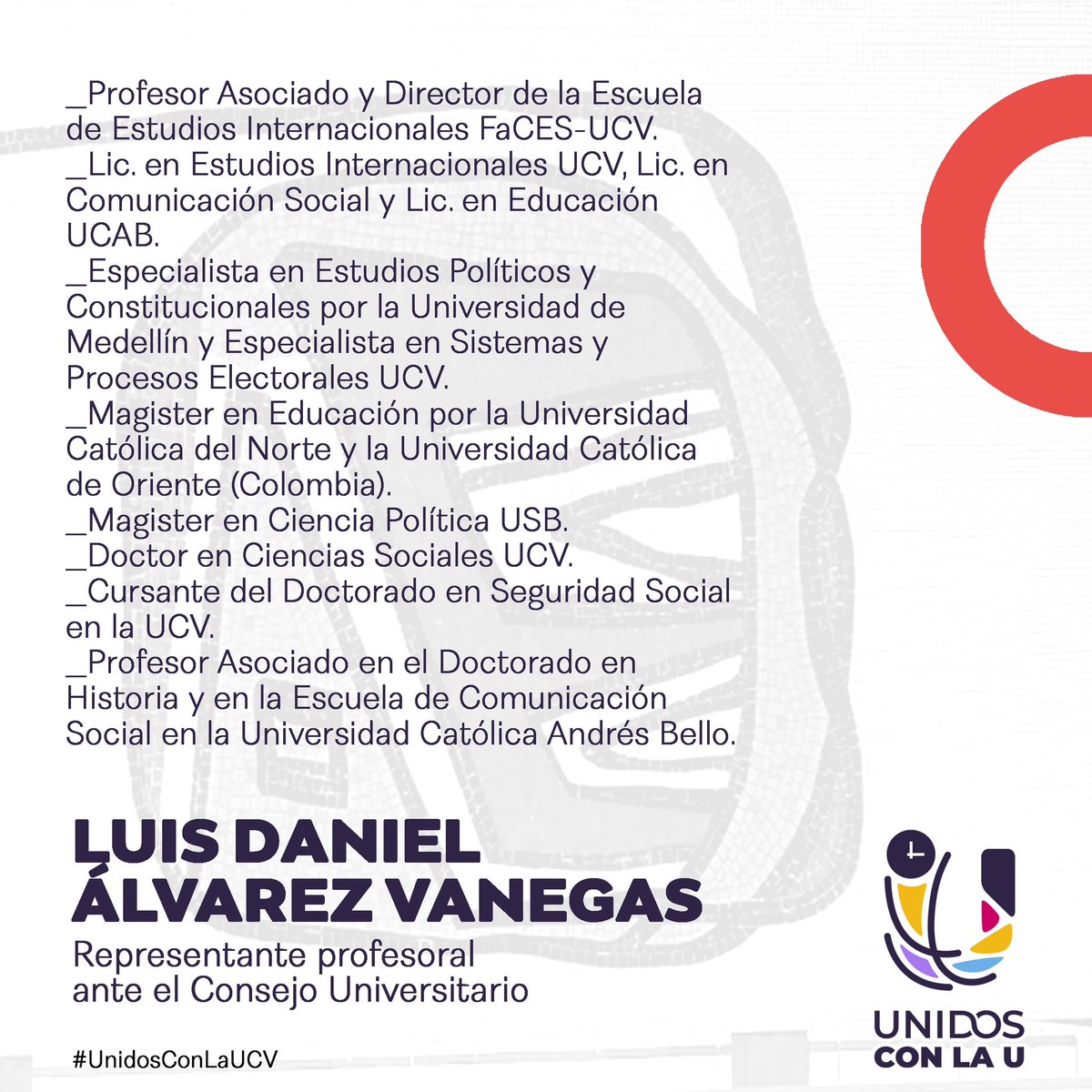 UnidosConlaU's tweet photo. Presentamos al Dr. Luis Daniel Álvarez Vanegas @luisdalvarezva Profesor Asociado de nuestra FaCES y candidato por #UnidosConLaU a la representación profesoral ante el Consejo Universitario 🟥
 
¡Este #26M vota y únete al cambio que nuestra #UCV necesita! #EleccionesUCV🗳️🎓👨‍🏫 https://t.co/21R0kTBMb4