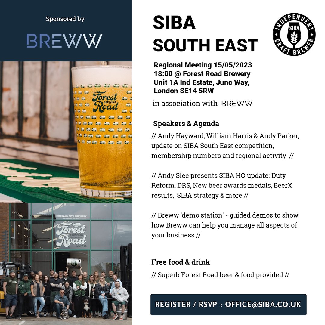 SIBA South East Regional Meeting in association with <a href="/brewwsoftware/">Breww</a> 

Monday 15/05/2023 from 18:00. Lots on the agenda, plus great beer and chance to catchup with fellow brewers &amp; suppliers.

Venue: <a href="/ForestRoadBrew/">Forest Road Brewing Company</a>, Unit 1A Ind Estate, Juno Way, London SE14 5RW.