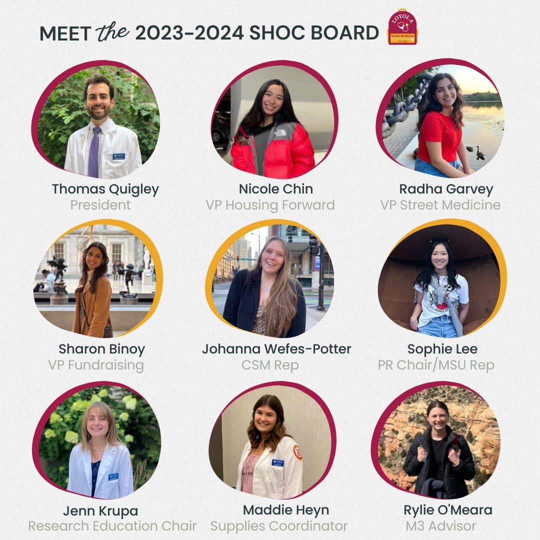 Introducing the ✨2023-2024 SHOC Board✨ We are all so excited to be a part of SHOC in the coming year and continue to help provide care &amp; support for unhoused individuals. 🔔 Follow our Twitter and Instagram @loyolastreetmedicine for updates &amp; notifications about future events❗️