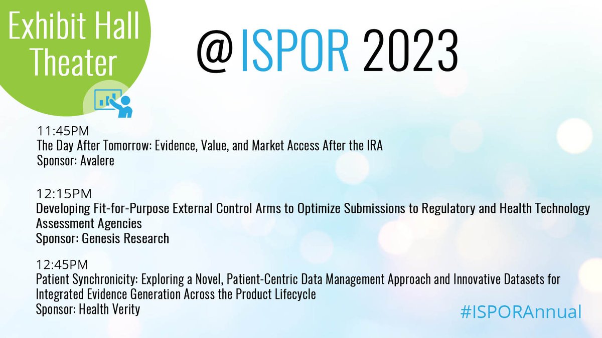 The Exhibit Hall Theaters have just begun for the day. Sessions on the #InflationReductionAct <a href="/avalerehealth/">Avalere Health</a> 11:45AM; #ExternalControlArms @GenesisHeor 12:15PM; #patientcentric data management <a href="/healthverity/">HealthVerity</a> 12:45PM are on the agenda. #ISPORAnnual ow.ly/Be7C50NQVNp