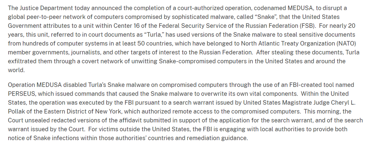 ericgeller's tweet photo. Big news: The U.S. has crippled one of Russia's most sophisticated pieces of cyber espionage malware, used worldwide for almost 20 yrs. https://t.co/ft0UPaHtut

Authorities remotely accessed hacked computers &amp; deployed a tool they built to trick the malware into crippling itself. https://t.co/4pcX6qdmzJ