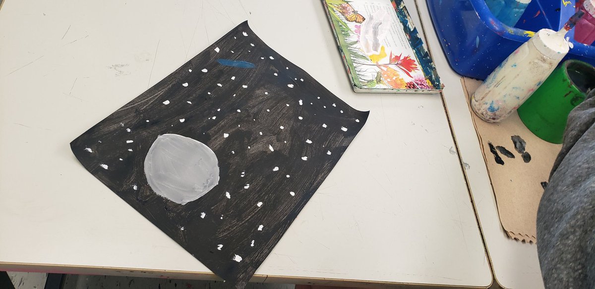 Me: I like your gray moon. Why did you decide to do gray?
S: Actually, I was using white, but the black paint must have still been wet. I like the gray moon better.
Me: So a happy accident then! <a href="/hhehornets/">Hawthorn Hill Elementary</a> #LSR7K5art #teachingforartisticbehavior