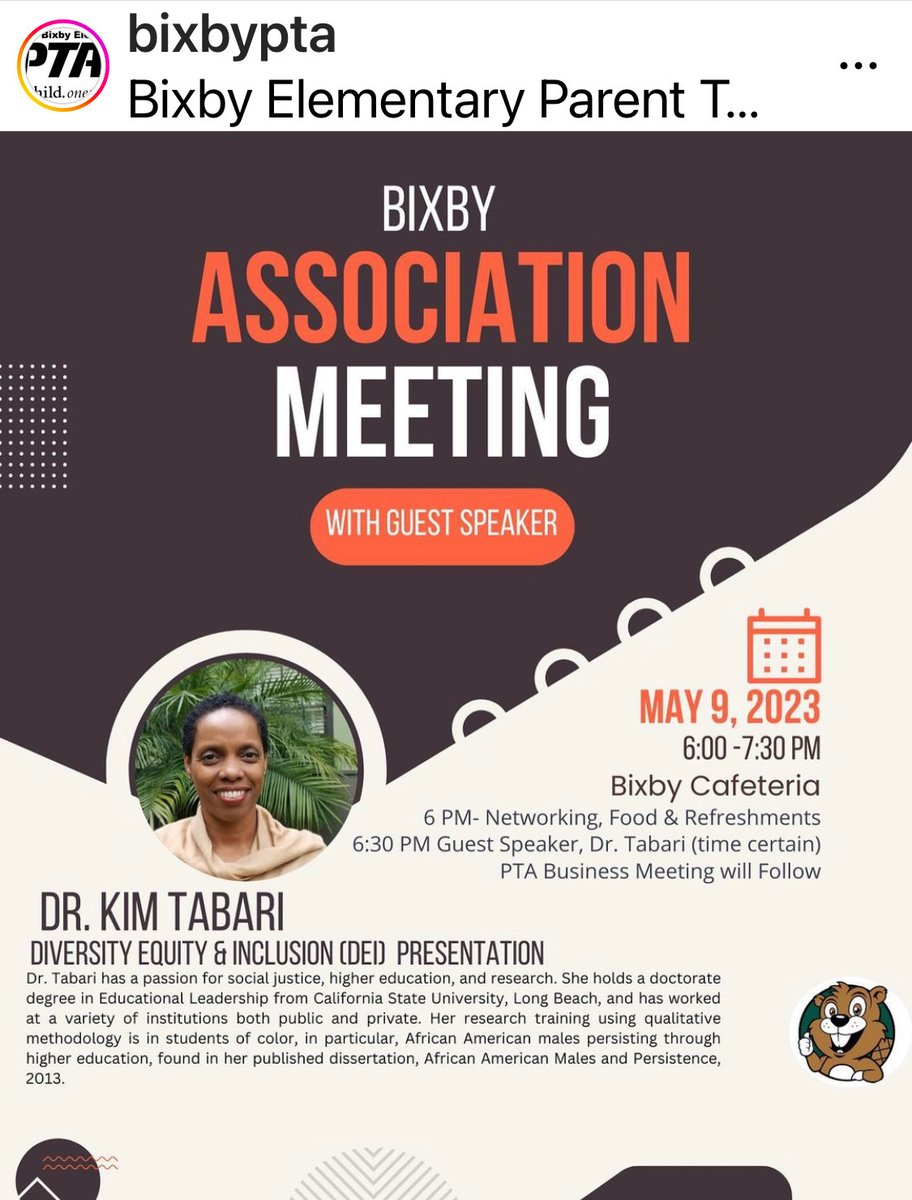 Our own Dr. Kim Tabari will be speaking tonight at the @bixbypta association meeting! Don’t miss it! @LBCPTA #DEI #PTA #PTA4Kids #ProudToBeLBUSD #VoicesOfLBUSD #DEI365 @kimtabari