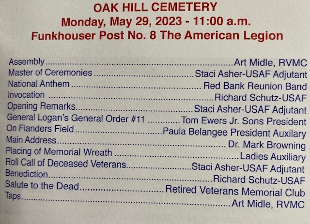 Details on the upcoming Oak Hill Cemetery and Arboretum Memorial Day Service.
