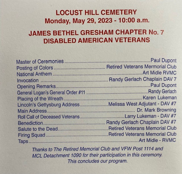 Details on the upcoming Locust Hill Cemetery &amp; Arboretum Memorial Day Service.