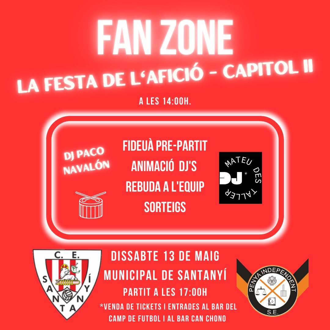 CE_Santanyi's tweet photo. 📢AFICIÓ!

🗓️ Dissabte 13 de maig a les 17:00h

✔️ Anada 2a Eliminatòria fase d’ascens

🆚 Penya Independent

🥘 Fideuà a les 14'00h.

🎧🎶 Música i ambientació abans del partit

🥁 Veniu de color VERMELL o BLANC a animar l’equip, ara més que mai

AMUNT SANTANYÍ!

🔴⚪️🔴⚪️ https://t.co/eGEhe01LPw