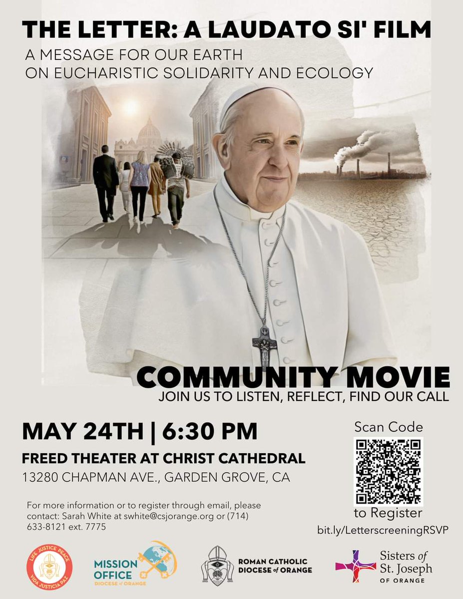 A Message on Eucharistic Solidarity and Ecology

Join us for a community movie screening of #TheLetter, a documentary film on Pope Francis’ encyclical #LaudatoSi, at Christ Cathedral's Freed Theater, 5/24, 6:30pm

#OCCatholic @LaudatoSiMvmt @csjorange @OrangeDiocese #CreationCare