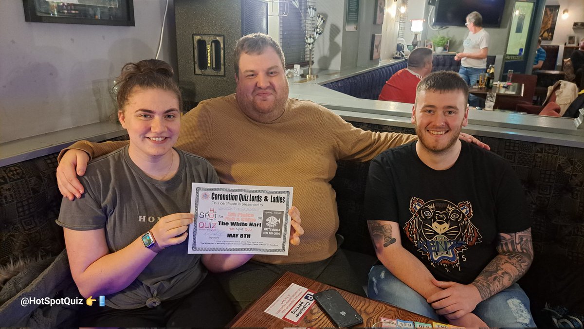 HotSpotQuiz's tweet photo. Last Nights Winners of Matt's 5th Plaice Fish 🐟 &amp; Chippy 🍟 Tea from @Matts_Mobile22 at @TheWhiteHart15 were @HotSpotQuiz Team "Guardians Of Morgan"
They'll be back at The White Hart on Thursday to exchange their voucher for Matt's Huge Hunk of Fish &amp; Massive helping of Chips. https://t.co/WnaYFnwWdR