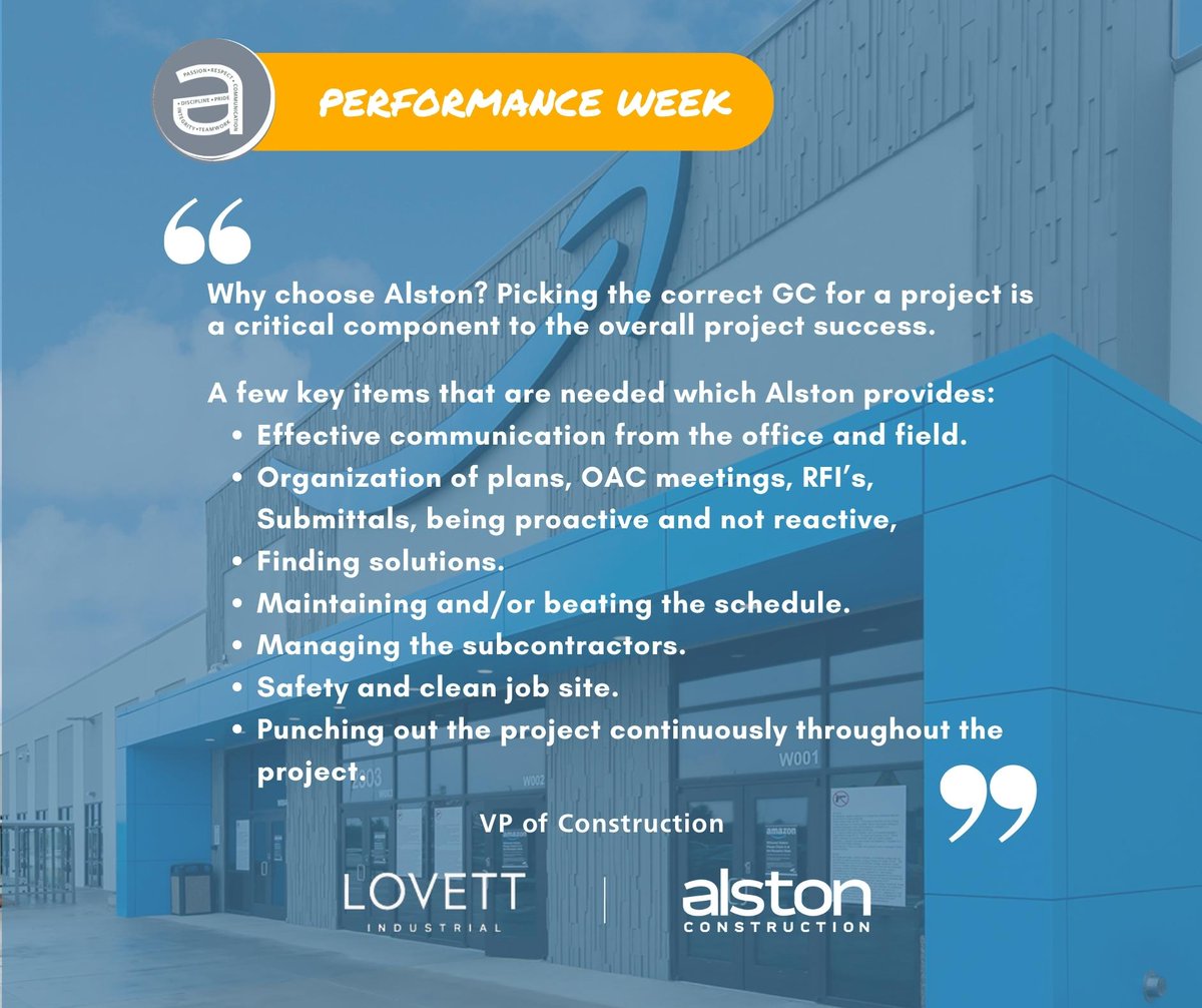 alstonconstruct's tweet image. Alston Construction - the performance-driven choice for your construction projects. Here's why the VP of Construction trusts our teams for effective communication, schedule management, safety, subcontractor management, &amp;amp; continuous project progress. #PerformanceWeek #CultureMonth