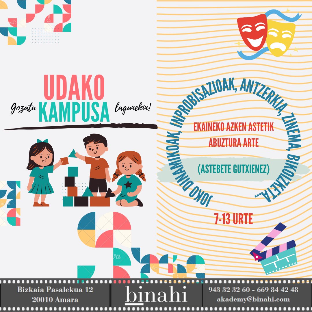 BINAHICASTING's tweet photo. Uda honetan ere UMEEN KAMPUSA daukagu!

Interpretazioa, jolasak, bikoizketa eta askoz gehiago!

¡Este verano también tenemos KAMPUS de niñ@s!

Interpretación, juegos, doblaje... ¡Y mucho más!

☎️ 943323260/ 669844248
🖥️ akademy@binahi.com

#binahiakademy #donostia #taller #uda https://t.co/Pbjogzppyc
