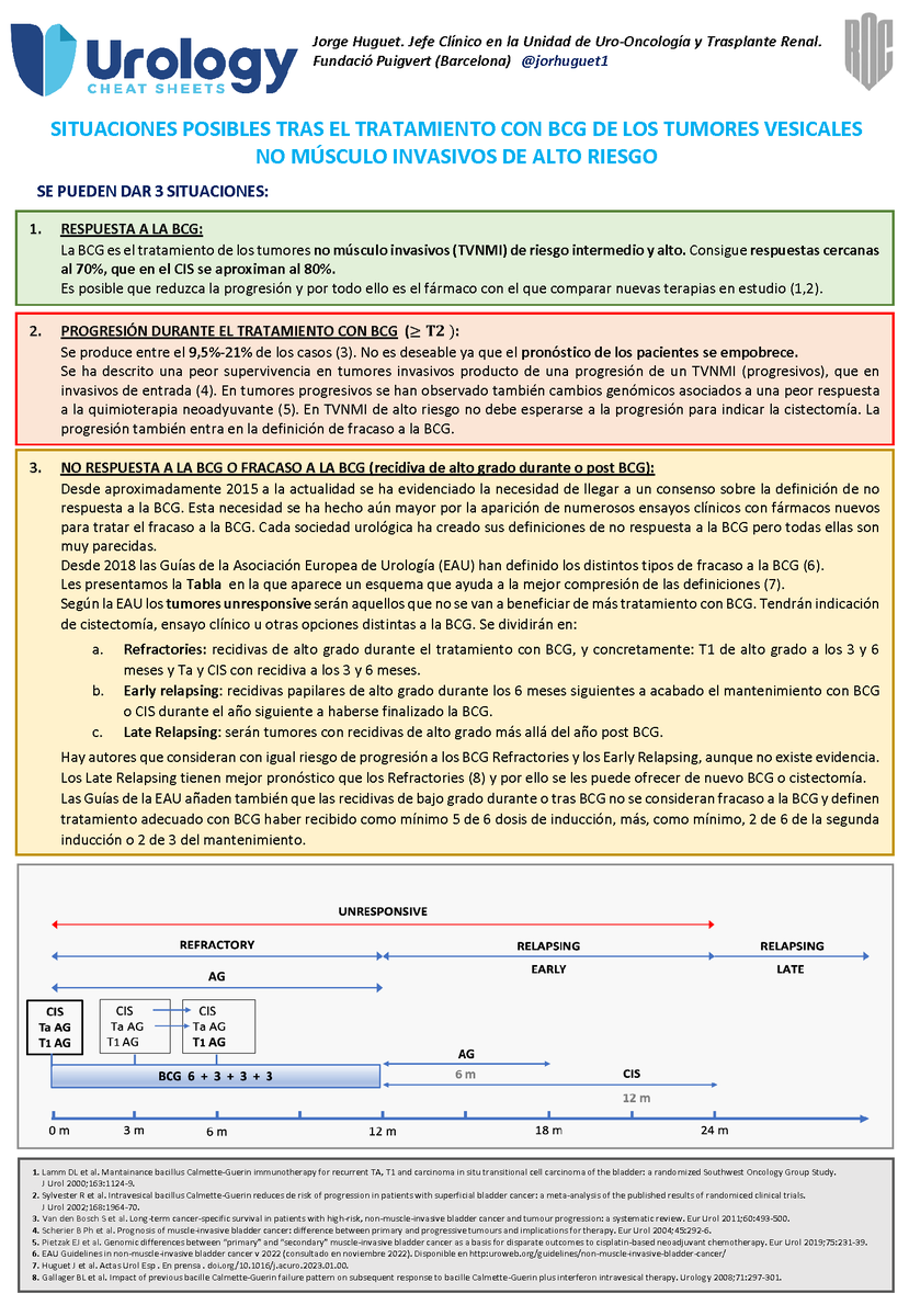 BCG is an effective treatment for high-risk NMIBC, with response rates of≈70%. However, progression or BCG failure can occur, resulting in a worse prognosis. 

Want to know more about possible scenarios? 
Don't miss this #UrologyCheatSheets created by @jorhuguet1!

@ROC_Urologia