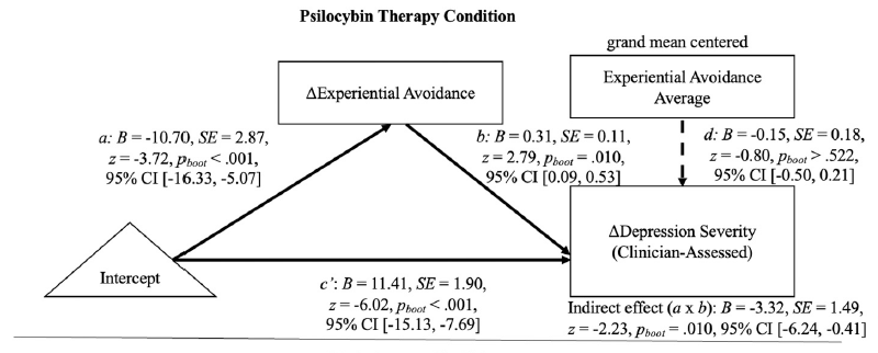 DillanDiNardo's tweet photo. In this psilocybin study, improvements in measures of wellbeing, depression severity, suicidal ideation, and trait anxiety occurred via reductions in experiential avoidance. Reductions in experiential avoidance were positively associated with ego dissolution and psychological insight but not mystical-type experience or emotional breakthrough.

Reduction in experiential avoidance makes intuitive sense to me as a general transdiagnostic mechanism and as an explanation for the effect sizes for certain psychedelics that don't cause ego dissolution.

from @RickZeifman @WagnerAnne @CandiceMonson @RCarhartHarris 

https://t.co/c8xGJBmuBC