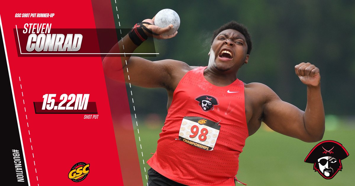 HE'S JUST A FRESHMAN! Steven wraps up a spectacular freshman season with a 🥈 in the shot put at the <a href="/GulfSouth/">Gulf South Conference</a> Championships! #BUCNation