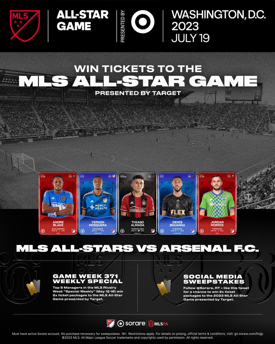 Sorare's tweet image. To celebrate @MLS Rivalry Week, we’re giving away tickets to #MLSAllStar!

There are two different ways to win:

1️⃣ - Finish top 5 in this weekend’s MLS Special Weekly (GW 371)
-OR-
2️⃣ - Follow @Sorare, RT and Like this Tweet to enter for a chance to win 2x ticket packages 🎟…