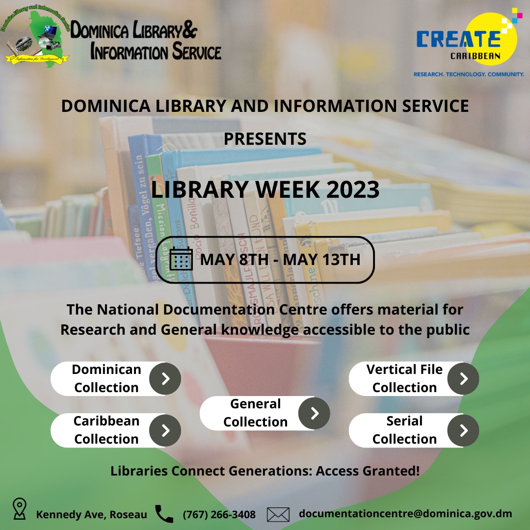 #CreateCaribbean Research Institute joins its community partner, the #Dominica Library and Information Service in celebrating #Library Week 2023 under the theme Libraries: Connecting Generations. 
createcaribbean.org
#CaribbeanNews