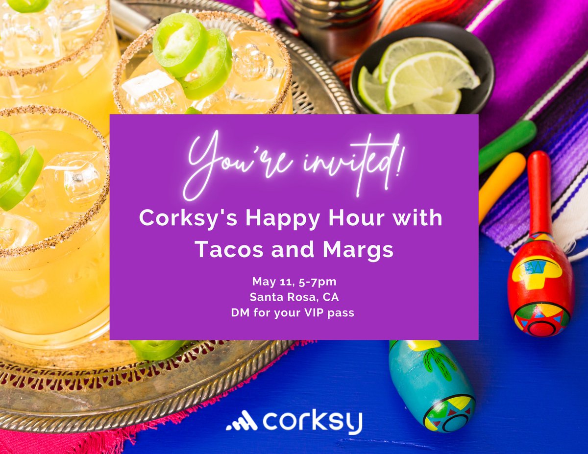 corksy_'s tweet photo. 📢 Calling all Sonoma wineries and anyone attending the WIN Sales Symposium this Thursday! Join the Corksy team for a Happy Hour with tacos and margs 🌮🍹. 

DM for your VIP pass or stop by our booth at the event. Cheers!

#sonoma #wine #wineindustry https://t.co/FDtnoGEKyx