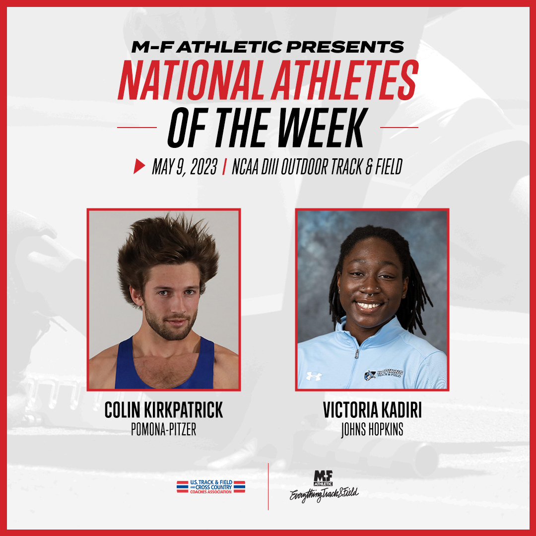 USTFCCCA's tweet photo. Here are our @EverythingTF National Athletes of the Week in @NCAADIII Track &amp; Field for May 9, 2023! @D3GloryDays #WhyD3 

M - Colin Kirkpatrick, @SagehenRunning 
W - Victoria Kadiri, @HopkinsTFXC 

Impressive doesn't begin to describe their weekends!

https://t.co/jYsmDCMhBA https://t.co/LVT8JkgnIb