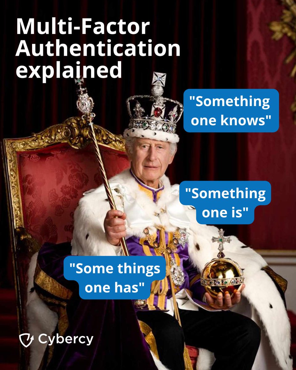 The elements for multi-factor authentication:

👑Something you know
(E.g. your password)

👑Something you have
(E.g. a token or a code on your phone)

👑Something you are
(E.g. the King... sorry, your biometrics)

Multi-factor is a royally good security measure, so use it!