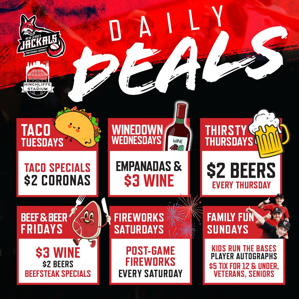 New Jersey Jackals on X: Bringing new entertainment to the City of PatersonCheck  out our Daily Deals! Get ready for a lit summer ☀️ #SilkCity #GoJackals🦊   / X