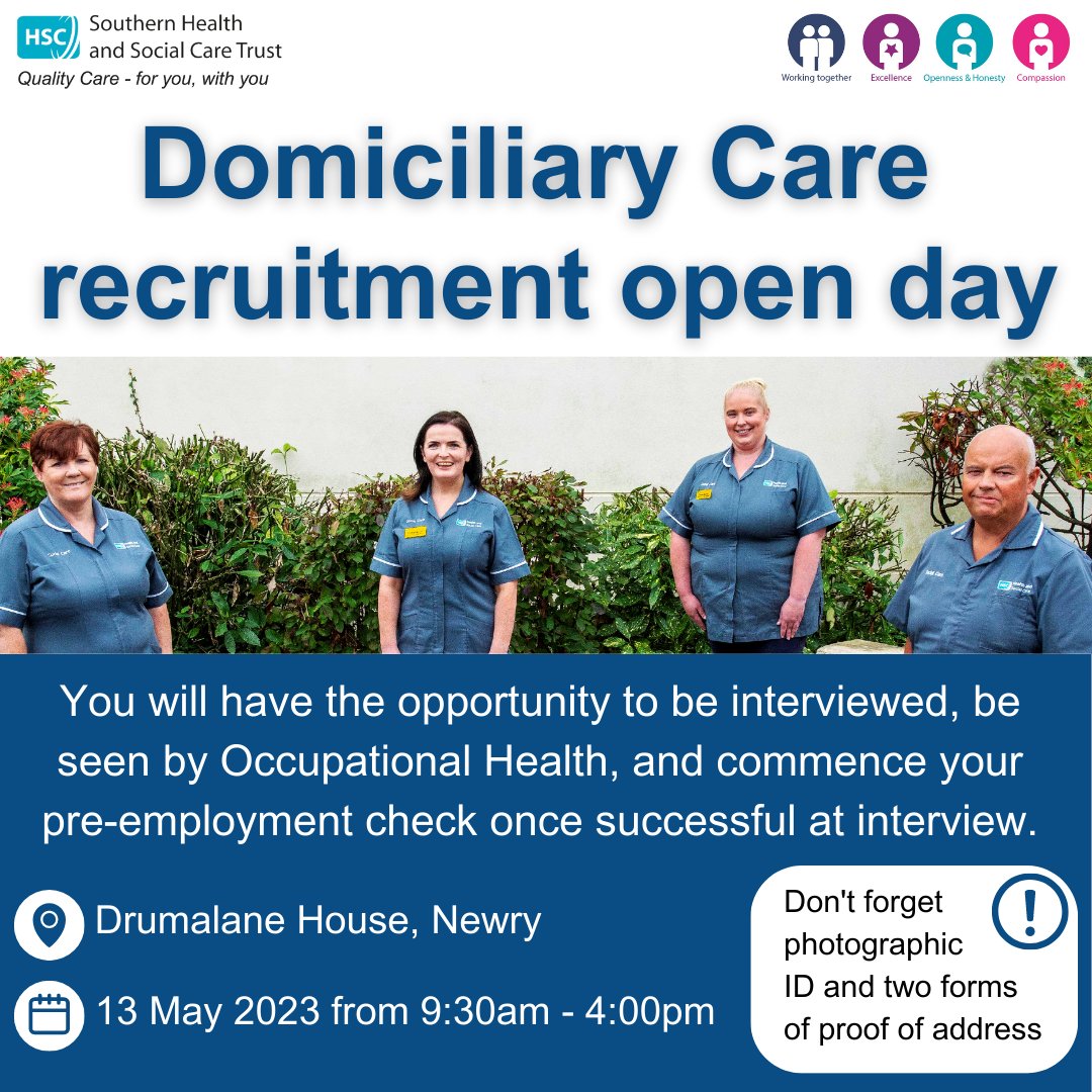Southern Trust (@southernhsct) on Twitter photo We’re recruiting Band 2/3 Domiciliary Care Workers. Come to our recruitment open day for Newry, Mourne and surrounding areas.
Don’t forget photographic ID and two forms of proof of address dated within the last six months.
For more email CiaraAnn.McClean@southerntrust.hscni.net We’re recruiting Band 2/3 Domiciliary Care Workers. Come to our recruitment open day for Newry, Mourne and surrounding areas.
Don’t forget photographic ID and two forms of proof of address dated within the last six months.
For more email CiaraAnn.McClean@southerntrust.hscni.net