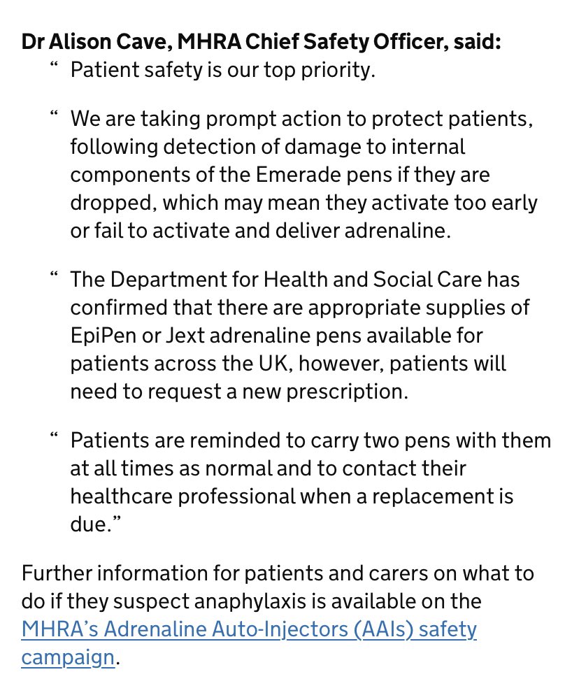 angilou_72's tweet photo. @BSACI_Allergy just like to request you take special care to read the final paragraph from @MHRAgovuk .  #alwayscarrytwo #anaphylaxis #allergy https://t.co/I9GqJVVrcS
