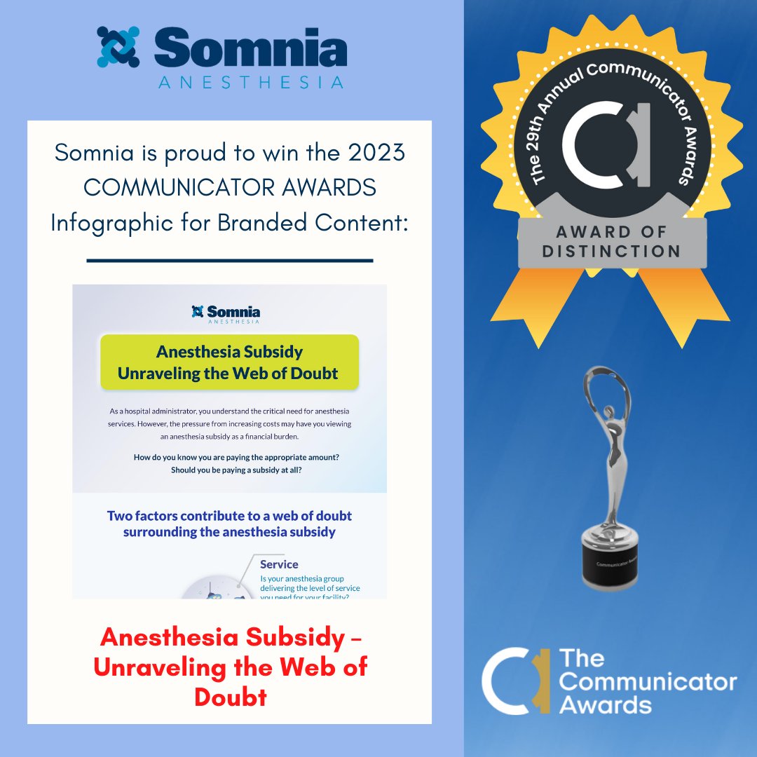 SomniaInc's tweet photo. Somnia won an award! Anesthesia Subsidy – Unraveling the Web of Doubt infographic. Download now. #SomniaAnesthesia #AnesthesiaPartner #AnesthesiaService https://t.co/fnVO73NGLE https://t.co/LAWFNo5EeU