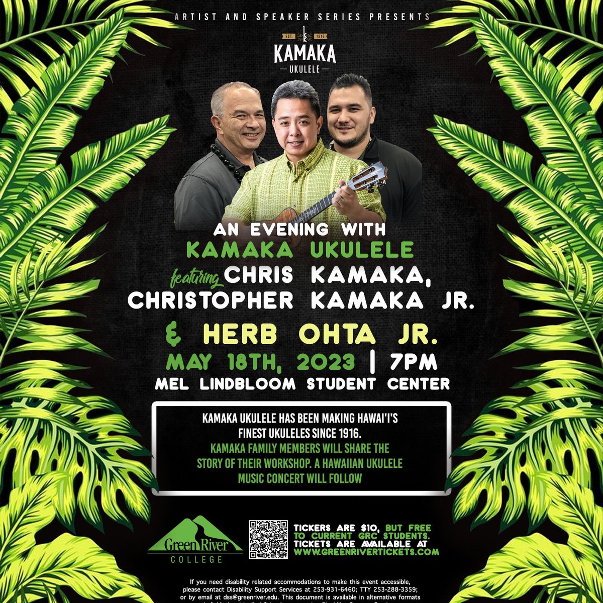 GreenRiverCC's tweet image. Join us next Thursday for an evening with Kamaka Ukulele🎶

The event is open to all community members and free for current GRC students.

Use the link below to get your tickets today🎟️
GREENRIVERTICKETS.COM