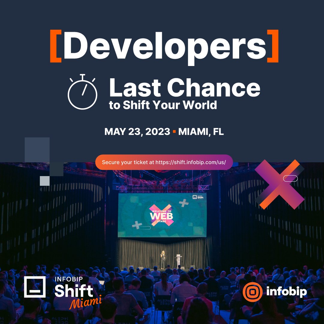 Infobip's tweet photo. We’re only 2 weeks away from shifting your world. ⏱️

Europe’s most popular developer conference is headed to the U.S. for the first time ever! 
 
Now is the time to get your tickets. Miami, here we come! 🌴
https://t.co/grxwnx2EI4
 
@InfobipShift #ShiftMiami #WorldsConnected https://t.co/qIm5LDLjVZ