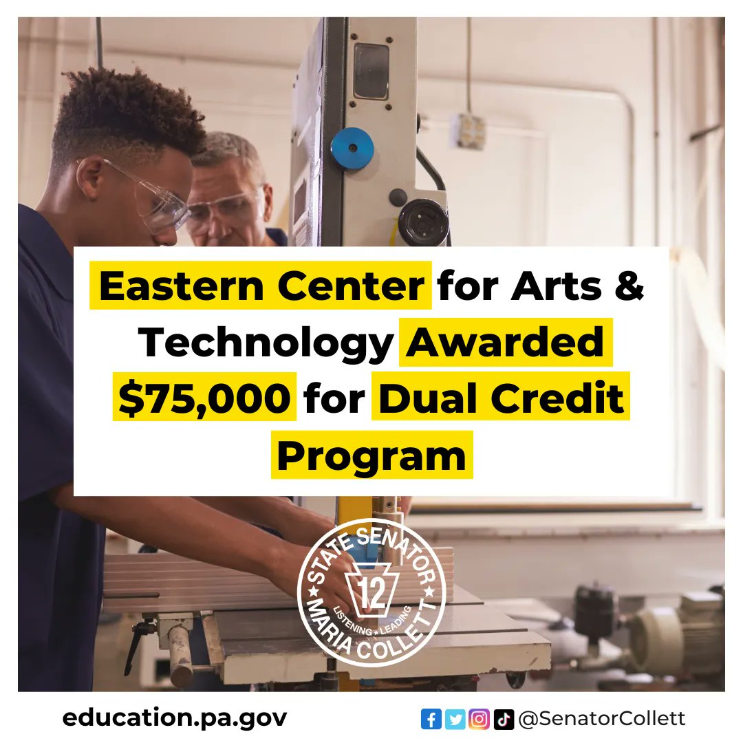 SenatorCollett's tweet image. Congrats to @EasternCenter! They have been awarded $75,000 through @PADeptofEd's Dual Credit Grant Program to allow more high school students to earn college credits at Eastern.
Read more: media.pa.gov/Pages/Educatio…