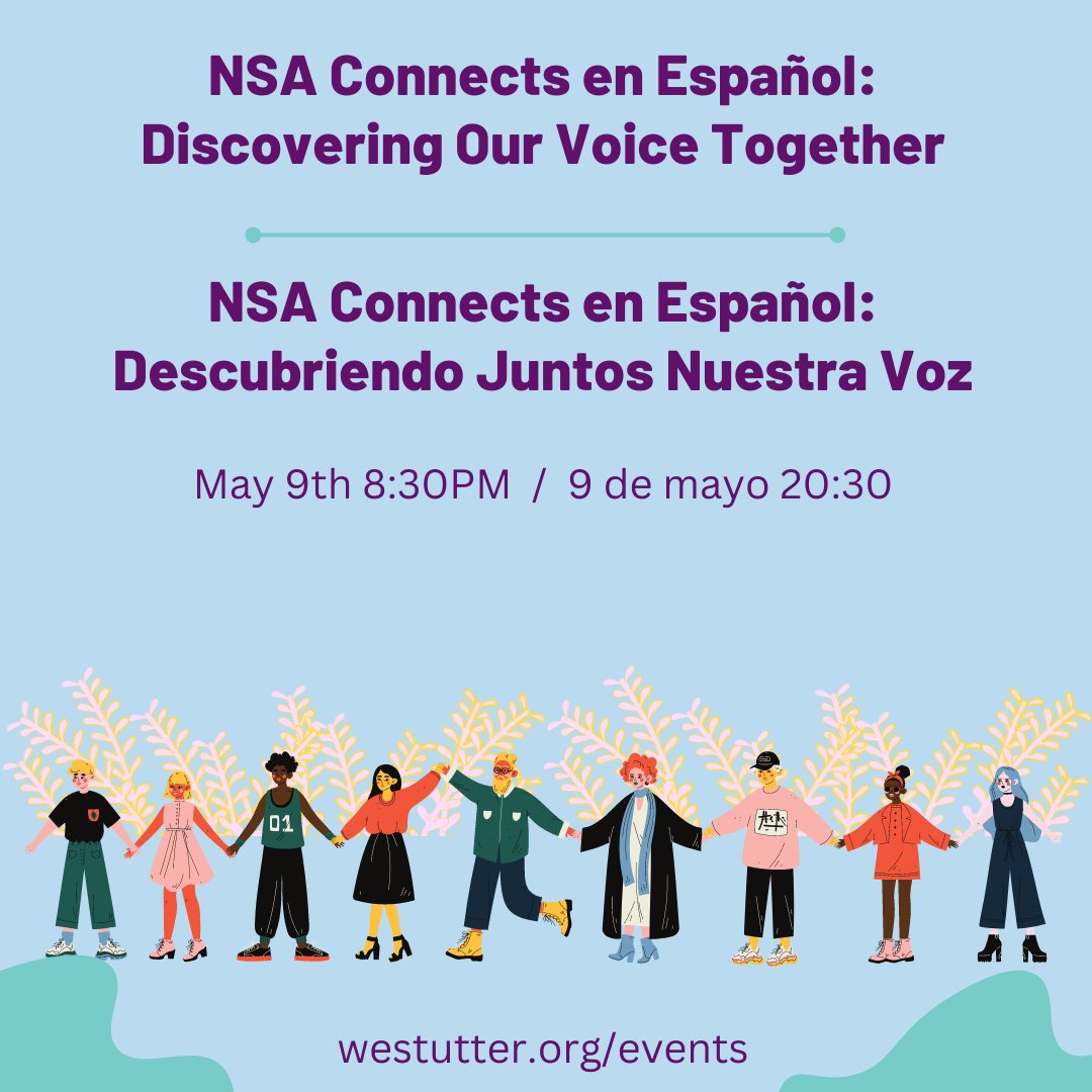 westutter's tweet photo. NSA Connects en Español: Discovering Our Voice Together
Join us as we talk about the specifics of stuttering in Spanish.

NSA Connects en Español: Descubriendo Juntos Nuestra Voz
Ven con nosotros a platicar acerca del tartamudeo en español.

🔗 https://t.co/a9spT9LM0N https://t.co/zWbyrqziZK