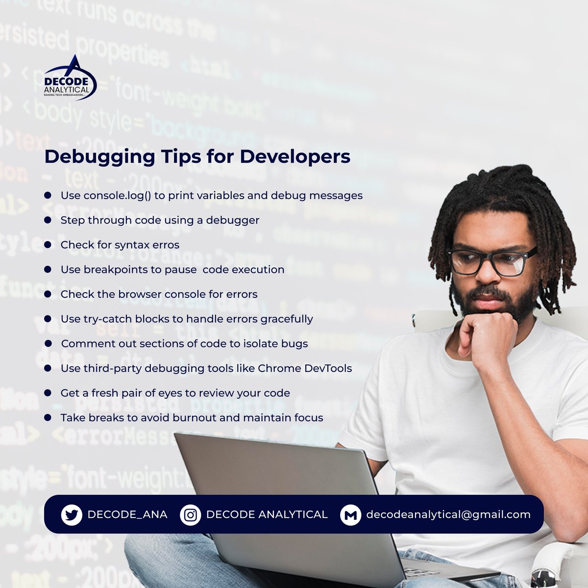 Decode_ana's tweet photo. Stay calm and debug on with these helpful tips.
Let's know in the commentπ what you do before now to debug.
#techhacks #debuggingtips #developertips #decodeanalytical https://t.co/829XLrRuhe