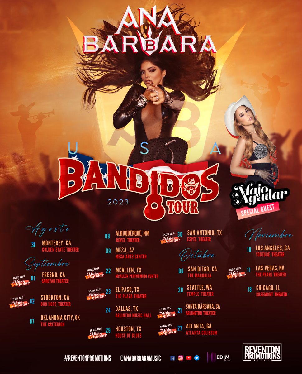 Mis Bandidos, HOY empieza la pre-venta de #BandidosTour por Estados Unidos. ¡Usa el código BANDIDOS para comprar tus boletos HOY!! Nos vemos muy pronto!!! Invitada especial en algunas ciudades #MajoAguilar ticketmaster.com/ana-barbara-ti…