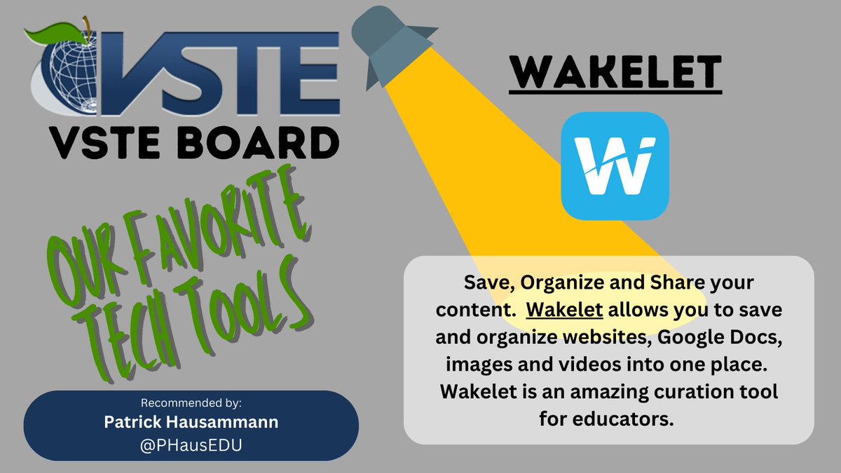 vste's tweet photo. What are the favorite tech tools of our VSTE Board Members? Patrick Hausammann recommends Wakelet! Follow him at @PHausEDU https://t.co/IwT9FKCIAy