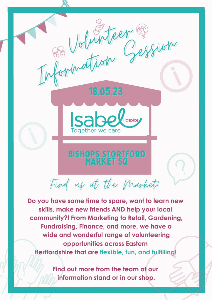 IsabelHospice's tweet photo. Volunteer with Us!

Find us at the Bishops Stortford Market on Thursday 18 May 2023!

#volunteer #beavolunteer #volunteering #togetherwecare #isabelhospice #weneedyou #useyourskills #community #communityspirit #bishopsstortford #eastherts #opportunity #jointheteam https://t.co/EfhdAQCE8D