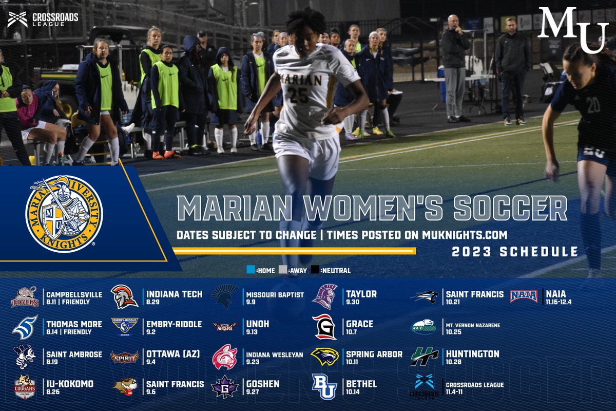 Marian Knights (@muknights) on Twitter photo <a href="/MarianWSOC/">Marian Womens Soccer</a> has officially announced their 2023 schedule!
Go check it out! π€©
muknights.com/news/2023/5/9/β¦ <a href="/MarianWSOC/">Marian Womens Soccer</a> has officially announced their 2023 schedule!
Go check it out! π€©
muknights.com/news/2023/5/9/β¦
