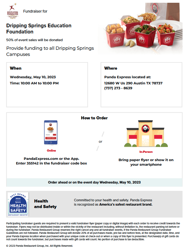 50% of sales at tomorrow's Panda Express grand opening in Ledgestone will be donated to the Dripping Springs Education Foundation! Stop by anytime between 10:00 a.m. and 10:00 p.m. and present the flyer below (paper copy or digital image). #iamDSISD