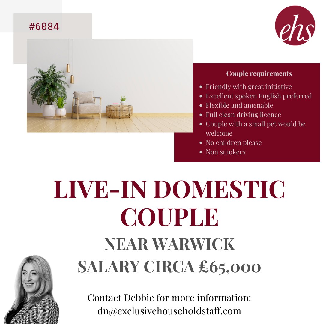 Our clients (a couple in their 80’s) are requiring a friendly, experienced Live-in Domestic Couple for their beautiful residence.

exclusivehouseholdstaff.com/vacancies/view…

#domesticcouple #domesticcouplejobs #couplejobs #householdstaff #domesticstaff #domesticstaffing #privatestaff #warwickjobs