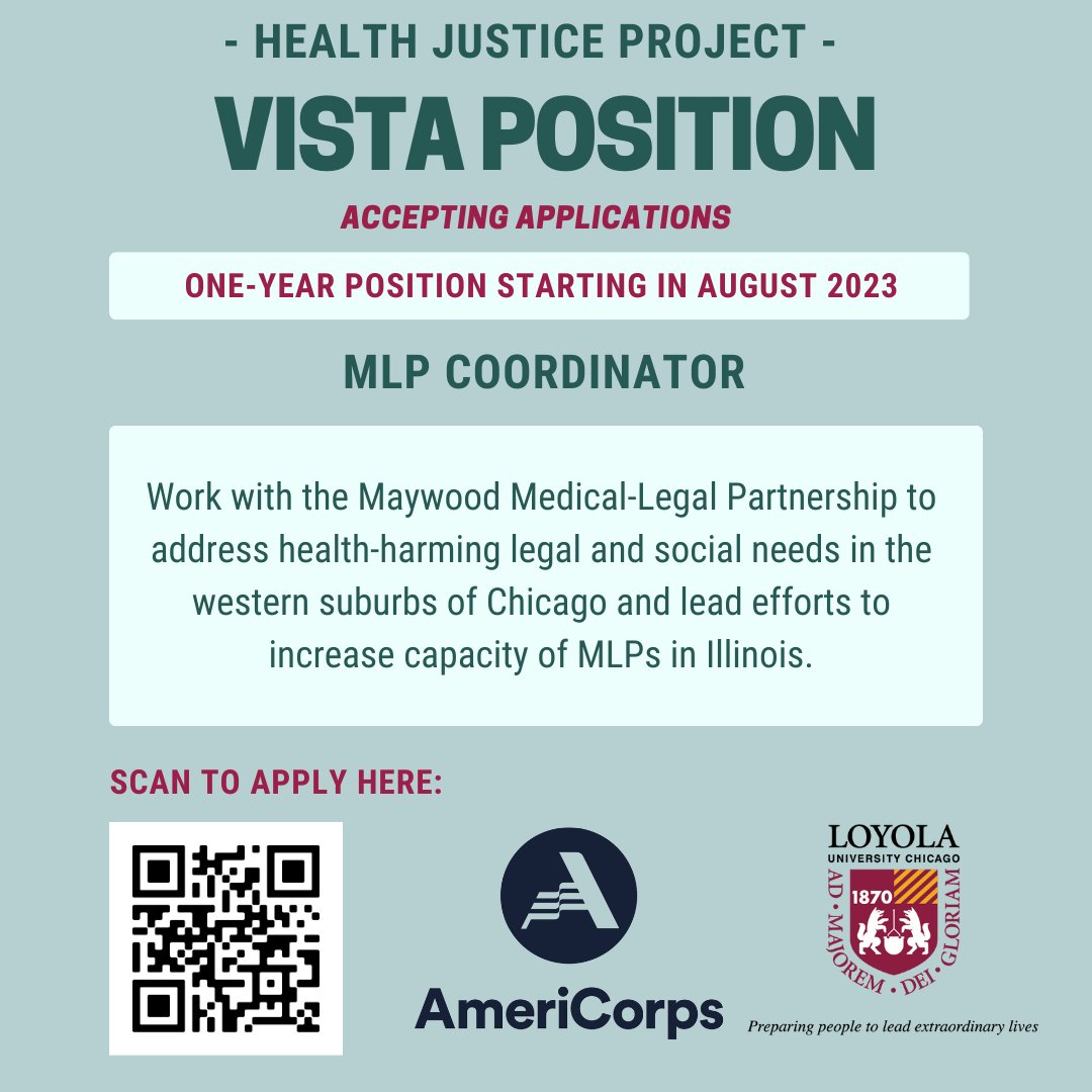 Are you passionate about fighting health inequities and creating healthy communities? Consider applying for the Medical-Legal Partnership (MLP) Coordinator VISTA position at Loyola University Chicago's Health Justice Project!

Apply here: my.americorps.gov/mp/listing/vie… by May 19, 2023