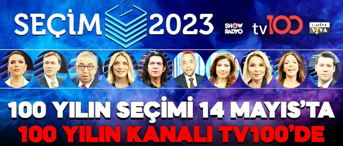 100 yılın seçimi, 14 Mayıs Pazar günü 100 yılın kanalı tv100, Show Radyo ve Radyo Viva ortak yayınında
tv100.com/100-yilin-seci…