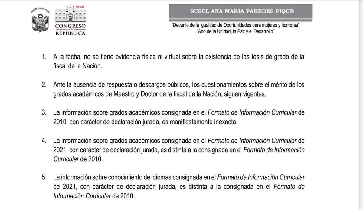 suselparedes's tweet photo. ¿Y las tesis de la fiscal Benavides? 
-No aparecen y no da explicaciones
-La información académica en su ratificación(2010) y ascenso(2021) es inexacta y discrepante
La denuncia es de setiembre 2022 y la @JNJPeru NO abre investigación. En otros casos si lo ha hecho. Inaceptable! https://t.co/PEdCUvWPcB