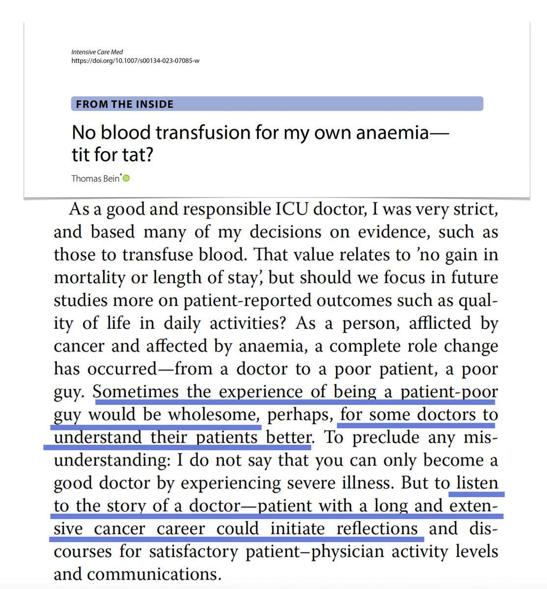 yourICM's tweet photo. As a good and responsible #ICU doctor, I was very strict in indications to transfuse blood. As a person, afflicted by cancer &amp; affected by a physically and psychically sensed anaemia, I ask: are we intensivists too strict? 
#ICMfromtheInside on @yourICM
🖇️ https://t.co/N37xffEyyw https://t.co/hJER9KUlyU
